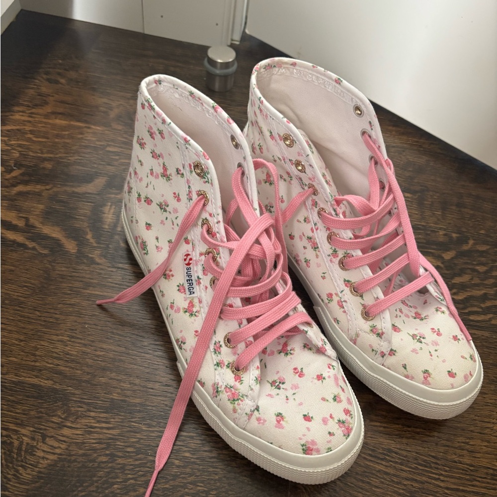 Superga Floral High-Top Sneakers with Pink Laces